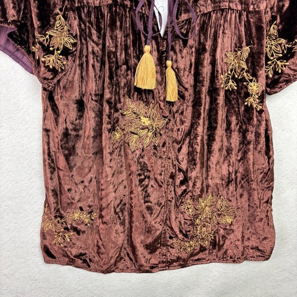 NWT Kyla Seo Anthropologie Handmade Embroidered Crushed Velvet Brown Blouse Sz S - Picture 4 of 14
